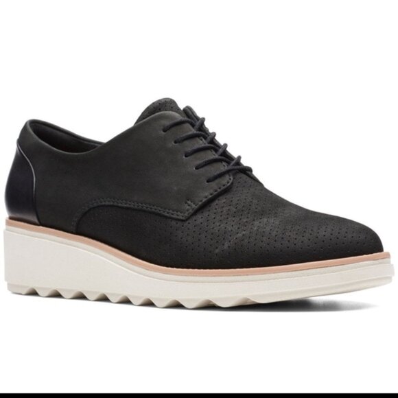 Clarks Sharon Crystal Leather Laces Comfort Soft Wedge Shoes Sneakers Oxford 7.5 - Picture 1 of 13